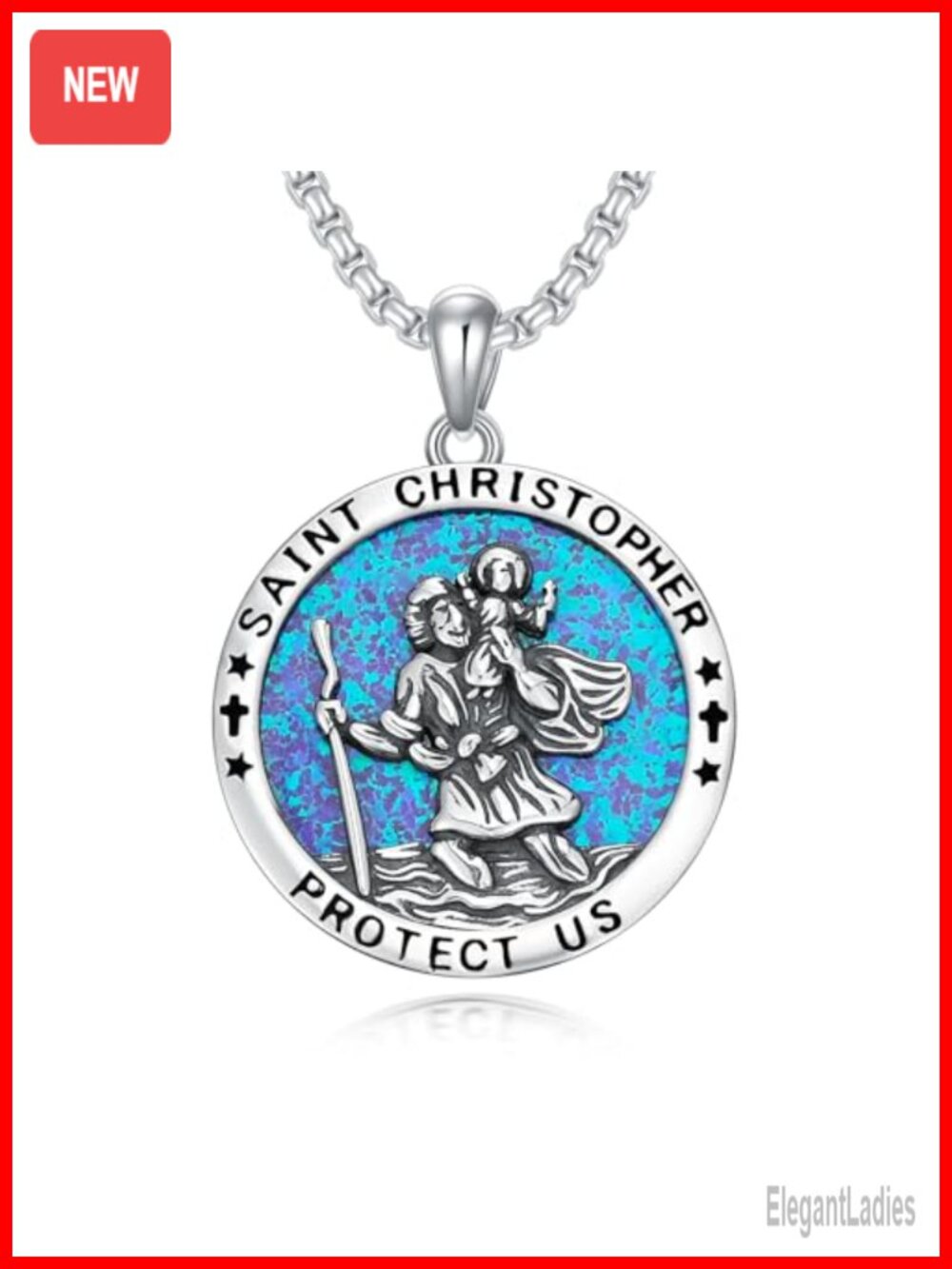925 Sterling Silver Multi-Saint Catholic Medal Pendant Necklace with Blue Opal